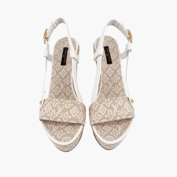 Louis Vuitton Espadrille Wedge Sandals Size 38.5 US 8.5 Beige LV Canvas Platform - Picture 2 of 14